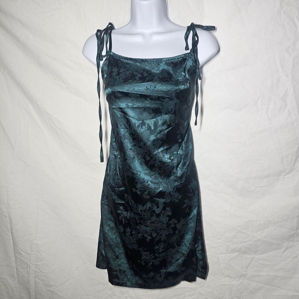 Romwe emerald green satin type floral whimsical strap tie dress